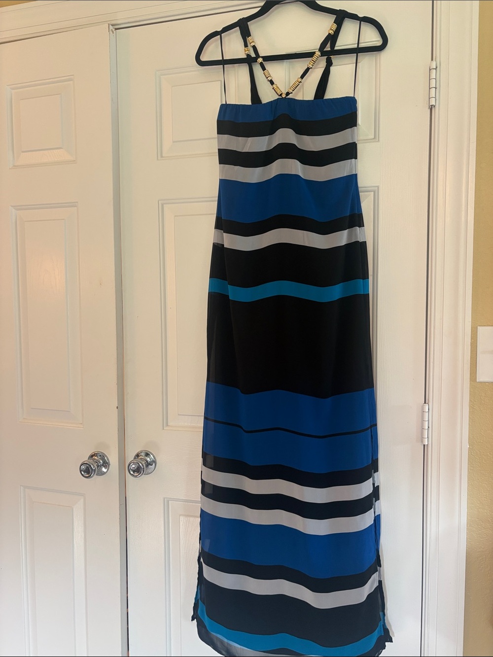 Cache Blue, Black & Gray Striped Maxi Dress with Gold-Trim Straps